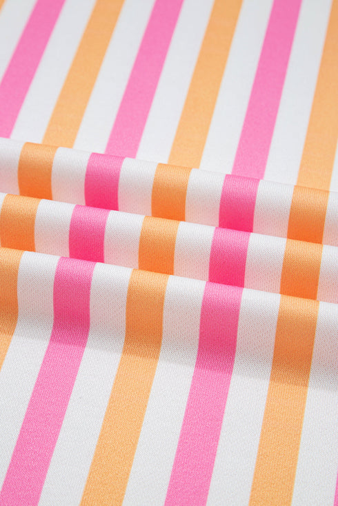 Vertical-Stripe Drop-Shoulder Half-Sleeve Crewneck Contrast-Band Short Set